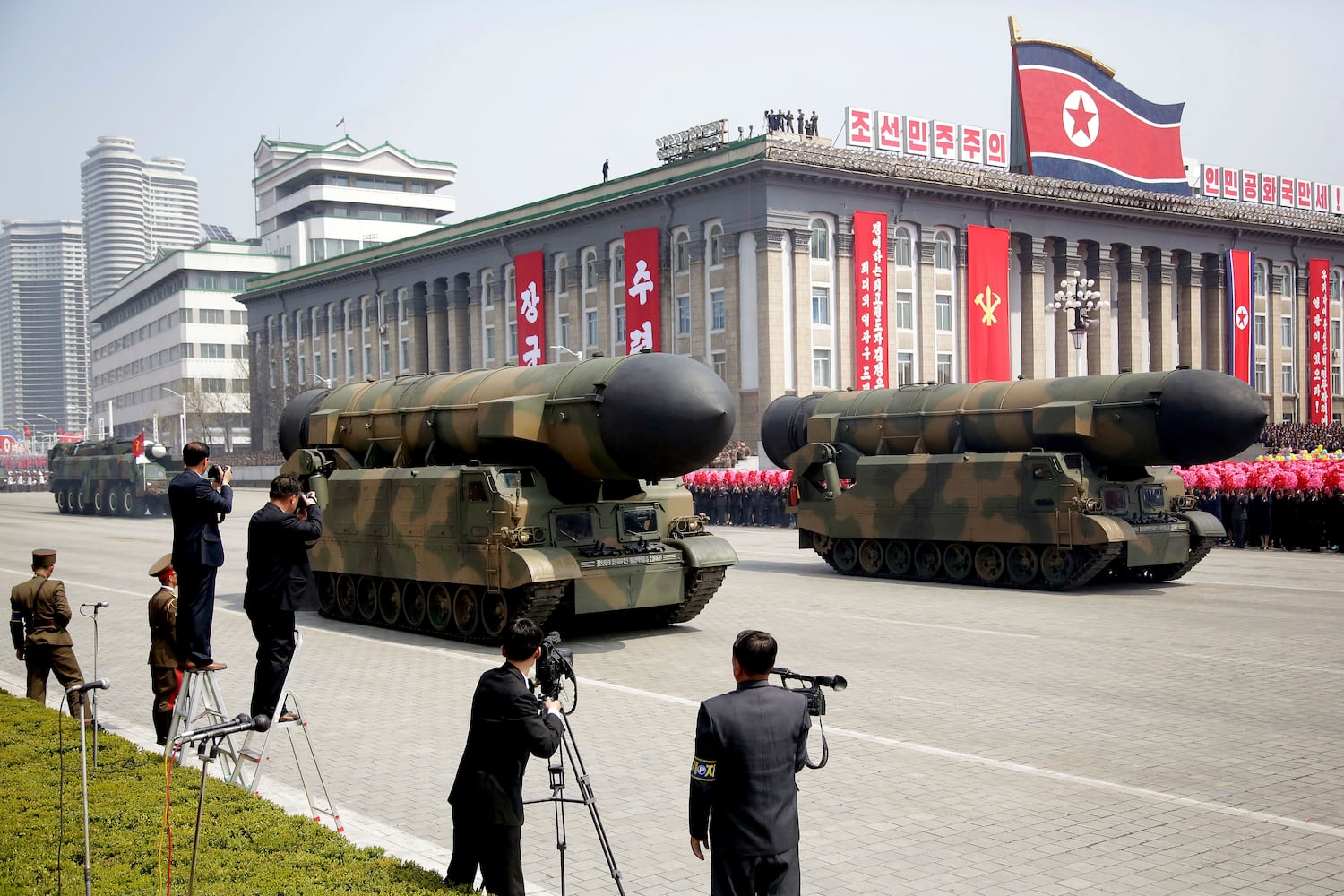 In this April 15, 2017, file photo, missiles believed to be the Pukguksong 2 are displayed in Kim Il Sung Square in Pyongyang.