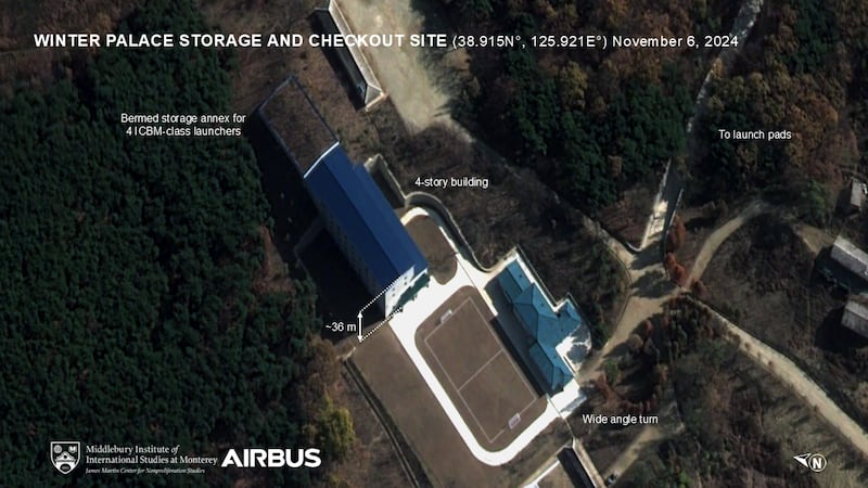 What is believed to be a new missile checkout and storage facility with a high-bay building and an annex suitable for storing ICBM launch vehicles. 
Credit: Airbus/the Open Source Team at the James Martin Center for Nonproliferation Studies of the Middlebury Institute