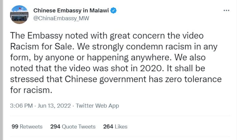 A screenshot of the Chinese embassy statement on Twitter on June 13 that it had "noted with great concern" the findings of the BBC documentary Racism for Sale.