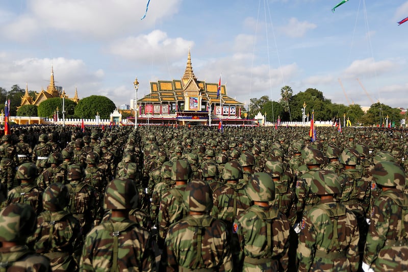 Cambodian soldiers attend celebrations marking the 65th anniversary of the country's independence, in Phnom Penh, Nov. 9, 2018.