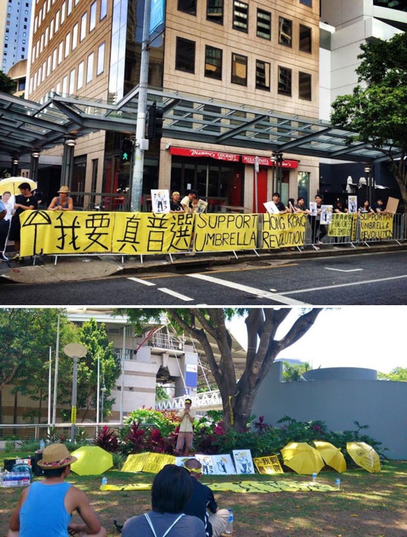 留學生在示威區的草地張開黃色雨傘，並在圍欄掛上支持香港雨傘革命的橫額，同時展示中國國家主席習近平、美國總統奧巴馬和俄羅斯總統普京，張開黃色雨傘的漫畫造型。（圖片來自“全球聲援香港爭取普選”Facebook）