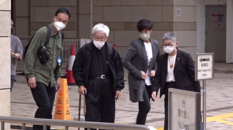 (L-R) Scholar Hui Po-keung, Cardinal Joseph Zen, Cantopop star Denise Ho and former pro-democracy lawmaker and barrister Margaret Ng, who pleaded not guilty to 'collusion with foreign forces' in connection with their trusteeship of the 612 Humanitarian Relief Fund, head to court in Hong Kong, May 24, 2022. Credit: RFA.