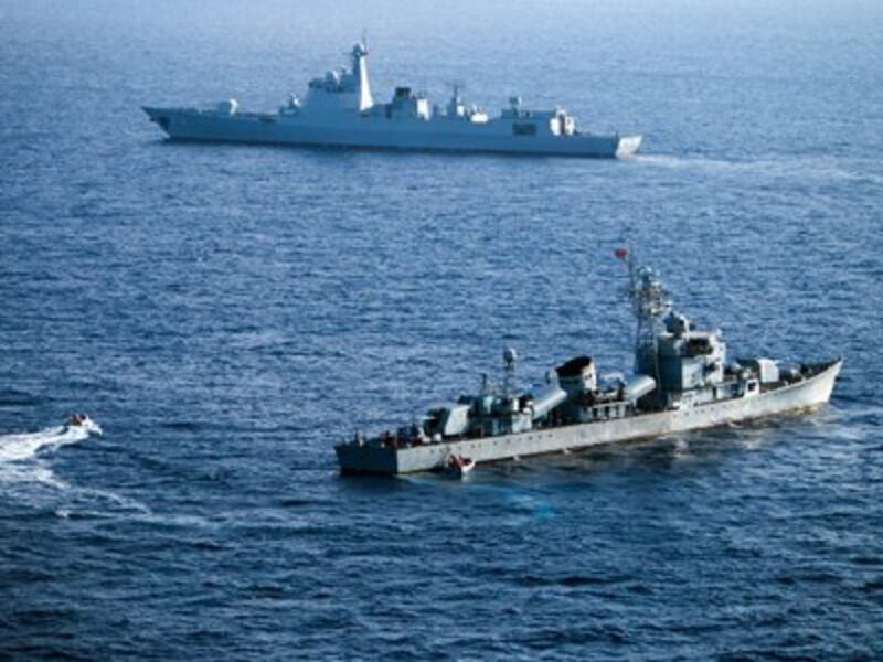 Two ships from China's South Sea Fleet take part in a drill near the Paracel Islands in the South China Sea, May 5, 2016.