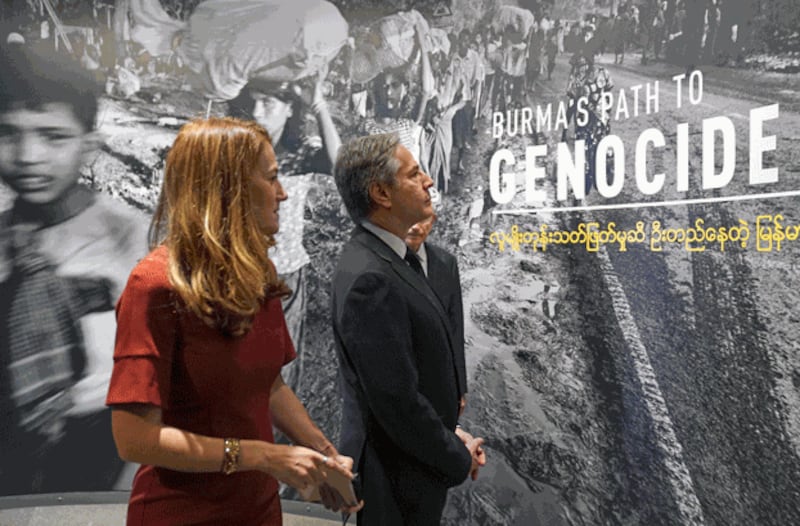 US Secretary of State Antony Blinken tours the "Burma's Path To Genocide" exhibit at the United States Holocaust Memorial Museum in Washington, DC, March 21, 2022. Credit: AFP