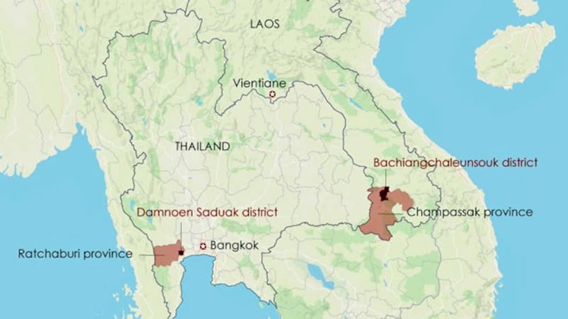 The map shows Bachiangchaleunsouk district of southwestern Laos' Champassak province, where 'Phinh' lives, and Damnoen Saduak district of western Thailand's Ratchaburi province, where she worked illegally as a maid for five years. 