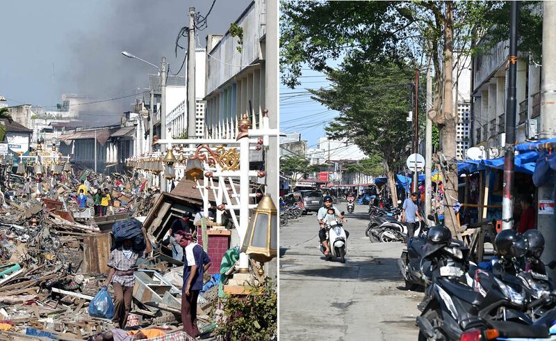 Left: People salvage belongings amid rubble along a street in Banda Aceh, Indonesia, just days after the tsunami, Dec. 29, 2004. Right: The same street on Nov. 25, 2024.