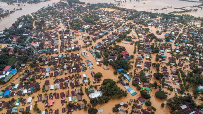 An aerial photo shows floodwaters submerging areas of Ye township in southeastern Myanmar's Mon state, Aug. 11, 2019.