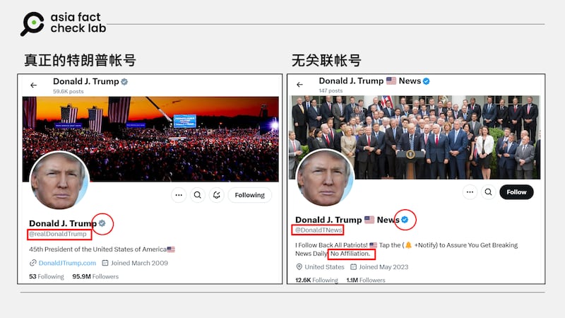 “真假特朗普”账号的认证区别