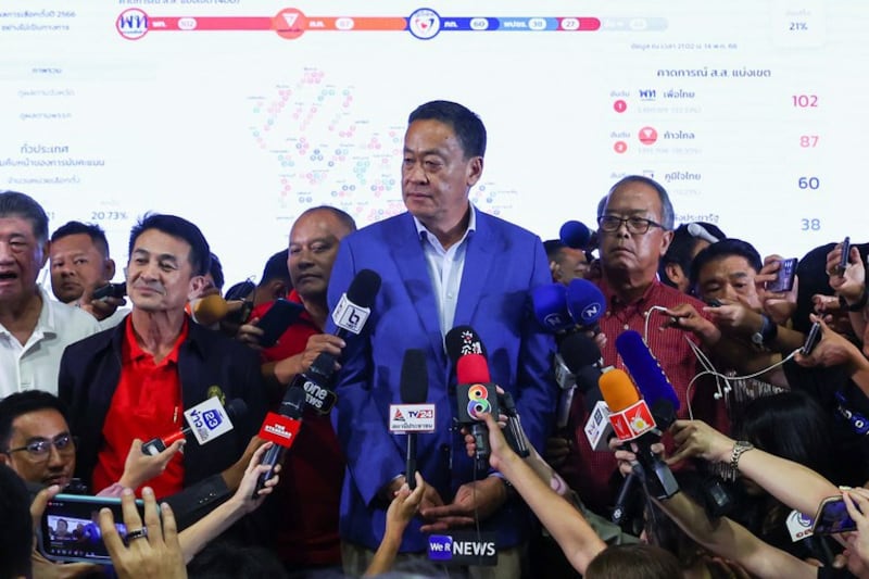 Srettha Thavisin, the Pheu Thai Party prime ministerial candidate, speaks to journalists in Bangkok after polls closed on election day, May 14, 2023. Credit: Athit Perawongmetha/Reuters