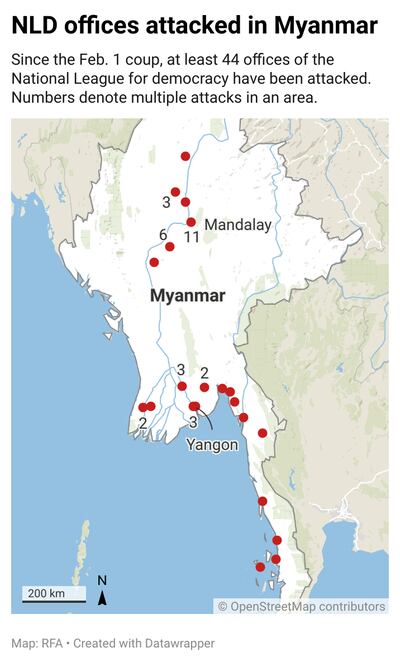 A map shows the location of attacks on National League for Democracy party offices since the Feb. 1, 2021 military coup. RFA