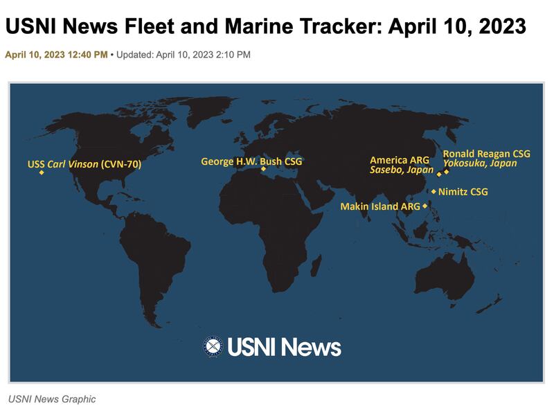 据美国海军学会新闻网的报道及舰队位置追踪图，尼米兹号航母打击群4月10日在台湾以东的菲律宾海。（USNI截图）