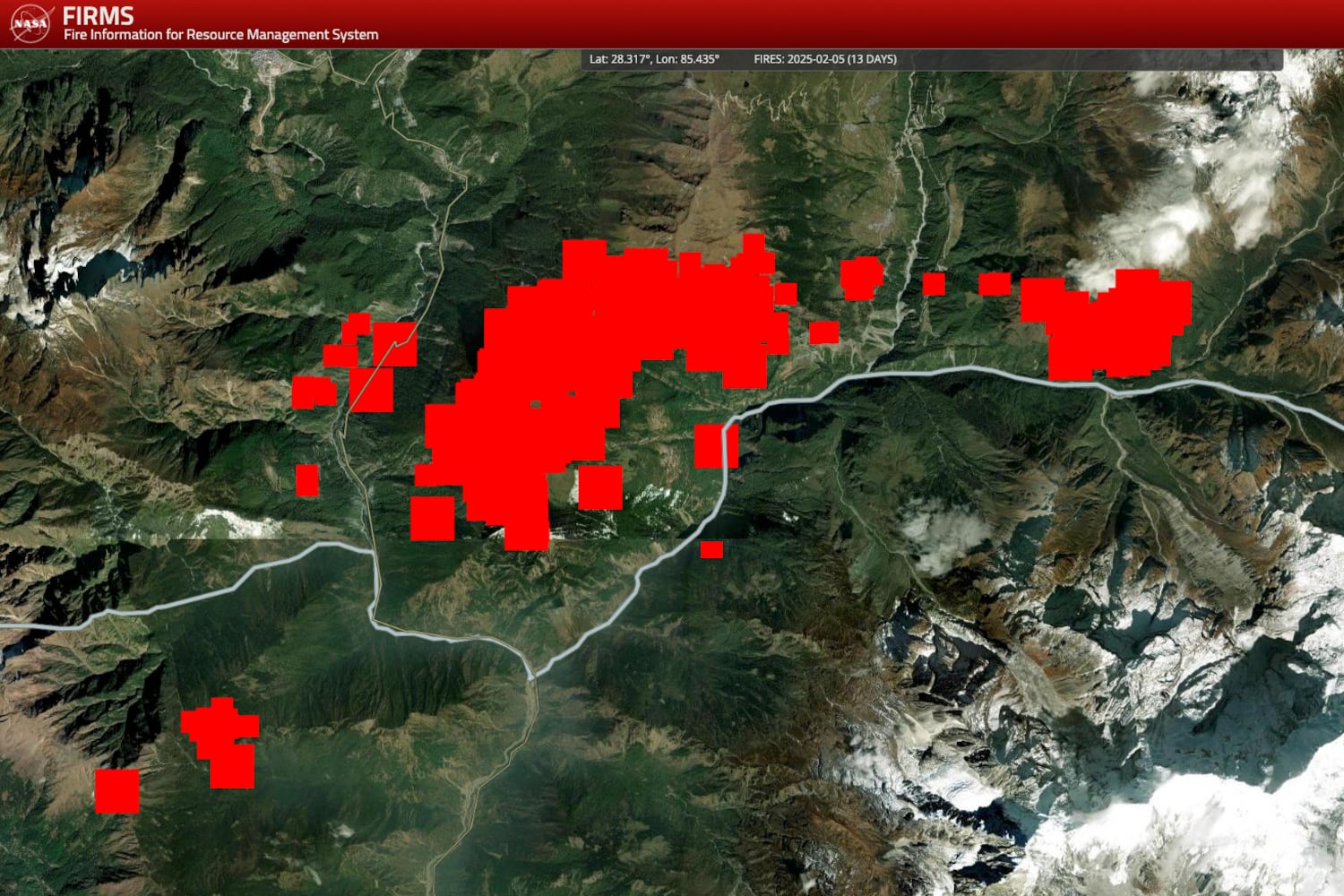 Die Standorte, rote Markierungen, aktiven Waldbrände der letzten 14 Tage in Tibet.