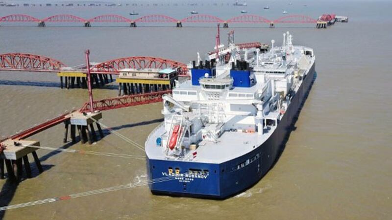 The liquefied natural gas tanker 'Vladimir Rusanov' is seen following its arrival from Russia's Arctic Yamal peninsula at an LNG terminal in Nantong, eastern China's Jiangsu province , July 19, 2018.