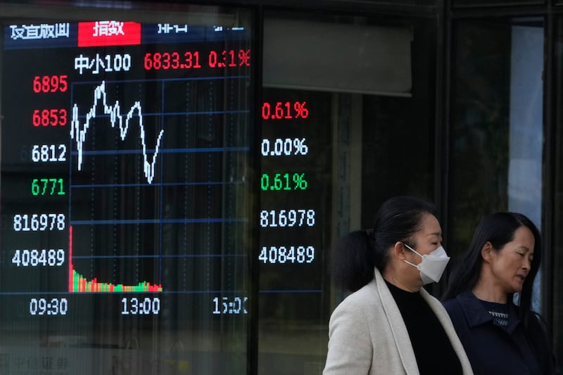 Women pass by a display board showing Chinese stock market movements on the U.S. presidential election day, in Beijing.