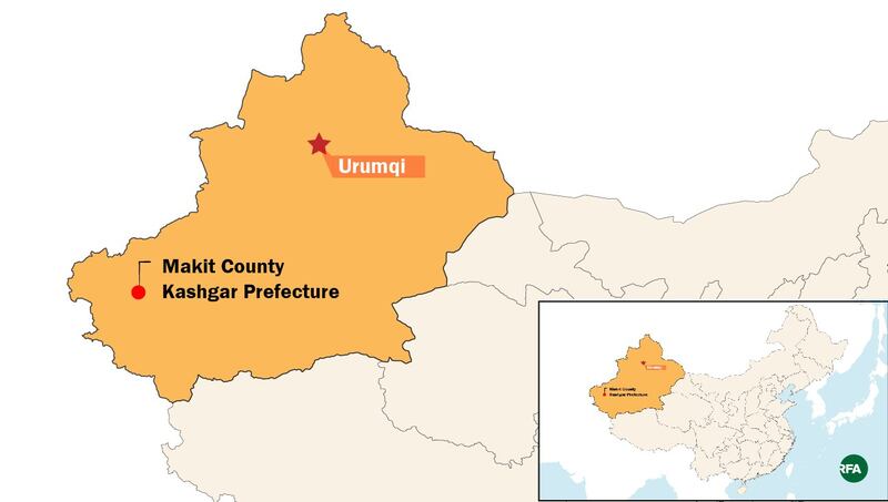 A map shows Makit county in Xinjiang's Kashgar prefecture.