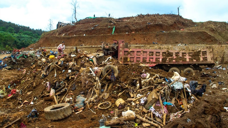 The aftermath of the Myanmar junta airstrike on the Mung Lai Hkyet displaced persons camp near Laiza, Kachin state, are seen on Oct. 10, 2023. Credit: AFP