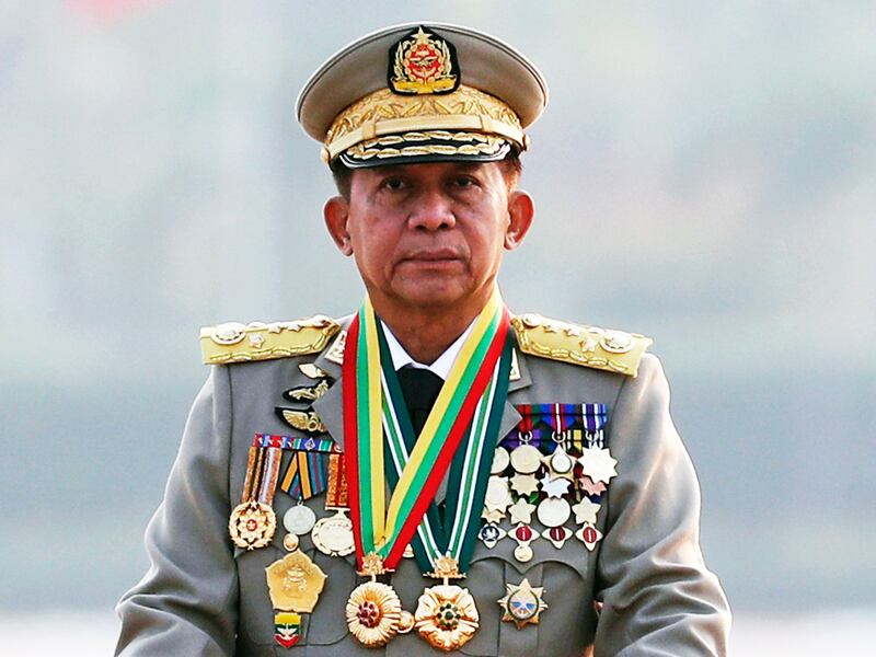 Myanmar’s junta chief Gen. Min Aung Hlaing inspects officers during a parade to commemorate Myanmar's 78th Armed Forces Day in Naypyitaw, Myanmar, March 27, 2023. (AP Photo/Aung Shine Oo)