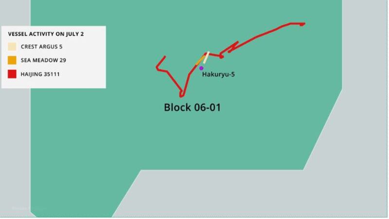 Hành trình của tàu Haijing 35111 gần giàn khoan Hakuryu - 5 ở Bãi Tư Chính vào ngày 2/7/2019