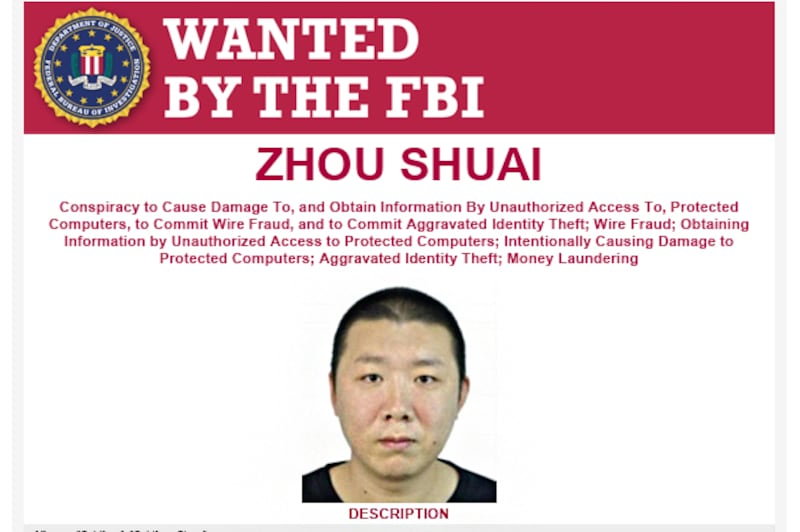 The 'Wanted by the FBI' poster for Chinese hacker Zhou Shuai, also known as Coldface and Coldface Chow.