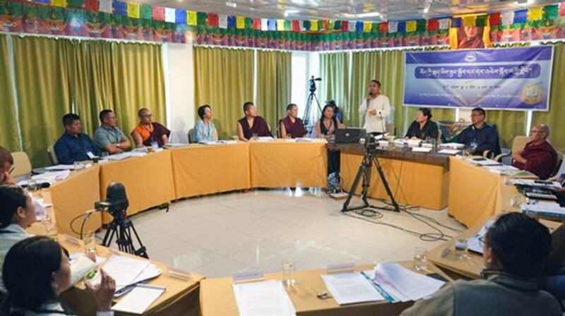 Participants listen to a panel discussion on the protection and development of the Tibetan Language at the Library of Tibetan Works and Archives in Dharamsala, India, May 3, 2024. (RFA)