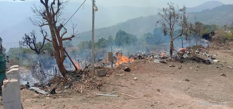 Houses destroyed following Myanmar military junta's airstrike in Webula town, Chin state, on April 10, 2023. Credit: Citizen Journalist