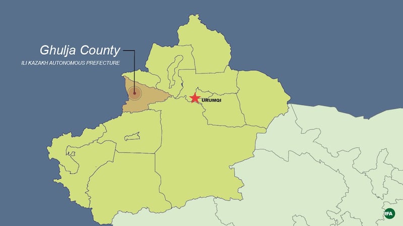 A map shows Ghulja county in the XUAR's Ili Kazakh Autonomous Prefecture.