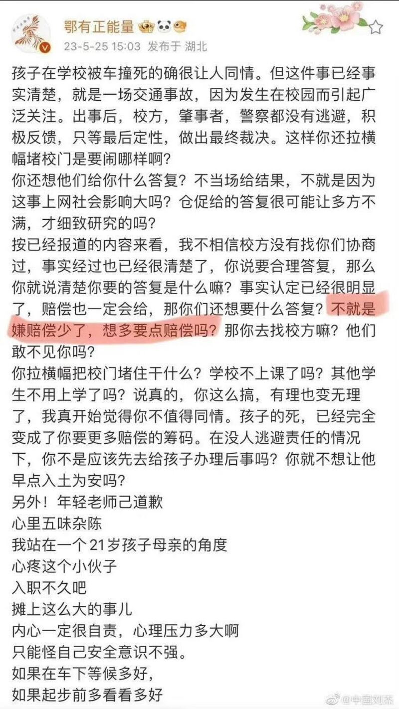 小学生被车撞死引发网民热议，批判有网民七嘴八舌引导舆论，指死者家长想获得更多的赔偿。“鄂有正能量”账号被怀疑有官方背景。（网络截图/古亭提供）