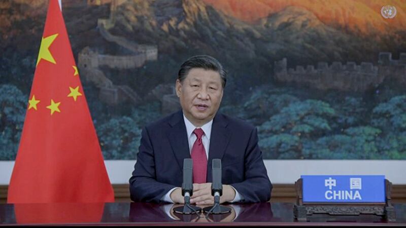 中国领导人习近平2021年9月21日通过视频在联合国大会第76届会议上发表演讲（美联社）