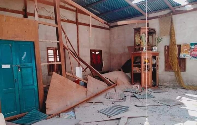 An airstrike damaged this building in southern Shan state on March 2, 2024. (PNLA News & Information Department)