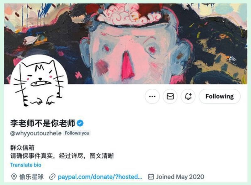 化名"李老师不是你老师"的推特用户（李老师不是你老师 @whyyoutouzhele推特截图 ）