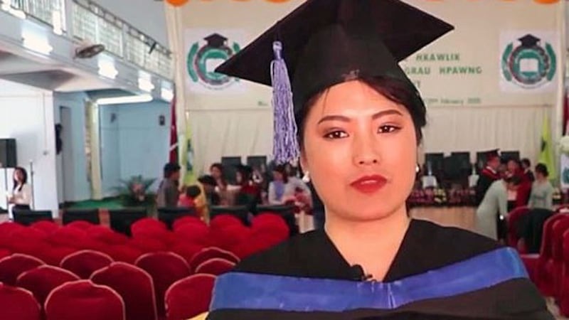 Kachin student Bauk Pan attends the commencement ceremony of the first graduating class at Mai Ja Yang National College in the border town of Mai Ja Yang, northern Myanmar's Kachin state, Feb. 29, 2020.