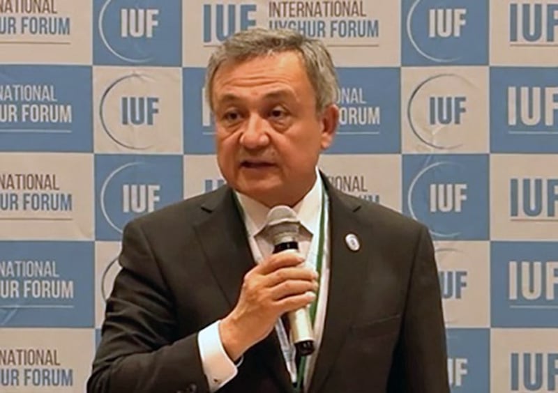 Dolkun Isa, president of the World Uyghur Congress, speaks to attendees at the International Uyghur Forum in Tokyo, held on Oct. 30-31, 2023. Credit: Bahram Sintash/RFA