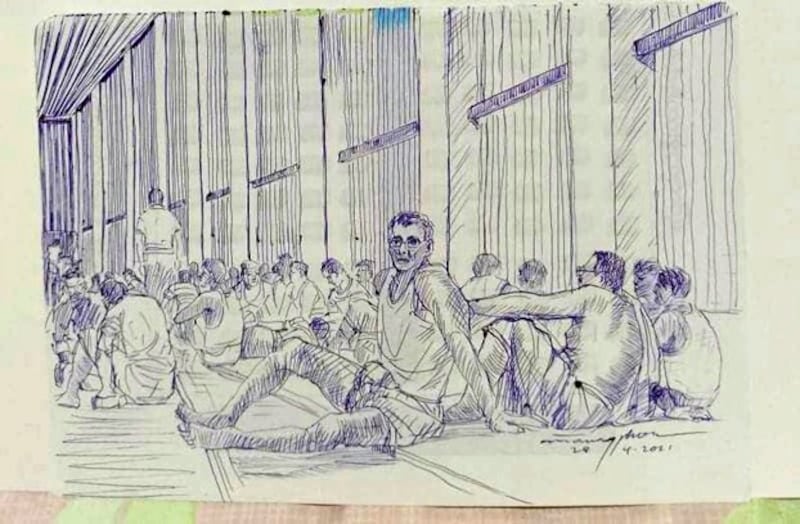 A smuggled sketch shows inmates inside Insein Prison in Yangon, Myanmar, with a written date of April 28, 2021. (Via Reuters)