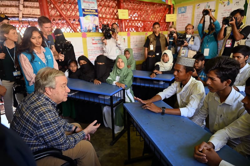 U.N. Secretary-General António Guterres meets with Rohingya students and community leaders during his visit to a refugee camp in Cox’s Bazar, March 14, 2025.