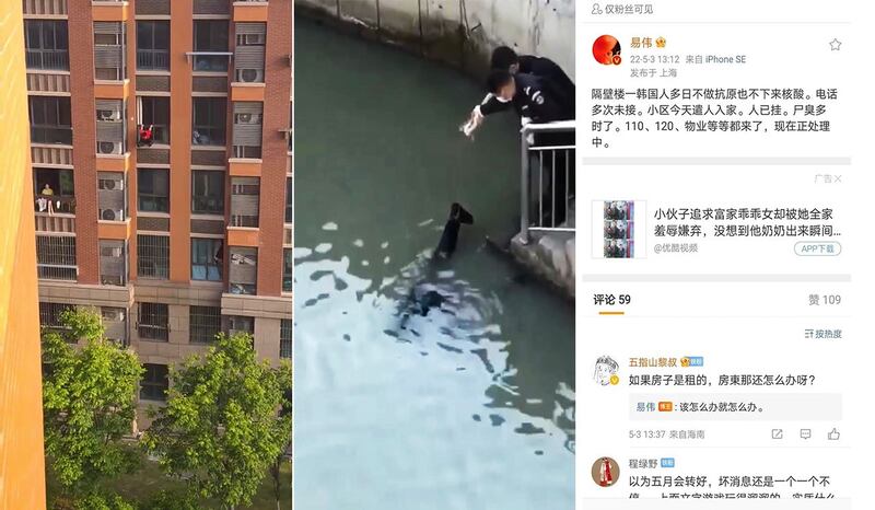 左图：上海市泰兴路625弄一社区，穿红色上衣的男子，爬出阳台附身向下发出怪声，最终坠楼。 中图：5月3日下午，浙江嘉兴王店马桥一男子投河自尽，警察到场打捞尸体。 右图：上海警方发现一韩国人在住所内死去多日。居民说与食物短缺及无人救治有关。（视频截图）