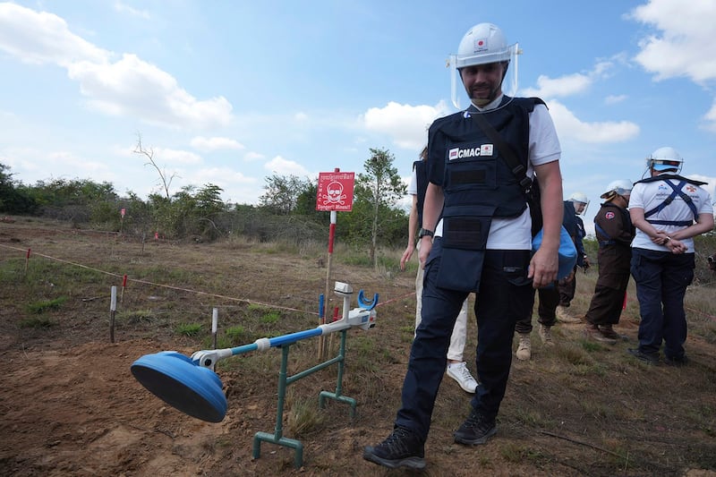 Ukrainian deminers attend a training session organized by Cambodia Mine Action Center in Preytotoeung village, Battambang province, Cambodia, Jan 19, 2023. (Heng Sinith/AP)