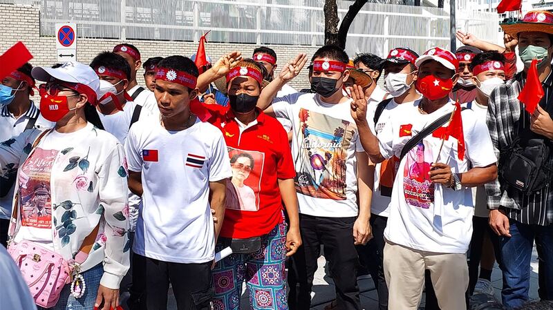 Myanmar migrant workers in Thailand protest in front of the United Nations office in Bangkok against the junta's 2% taxation of their income, Dec. 17, 2023. (RFA Photo)