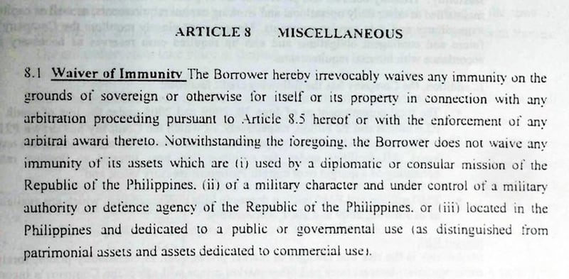 This clause of the April 2018 lending agreement between the Export-Import Bank of China and the government of the Philippines states that national assets dedicated to commercial use could be claimed by the lender as part of the settlement of a dispute arising from the loan.