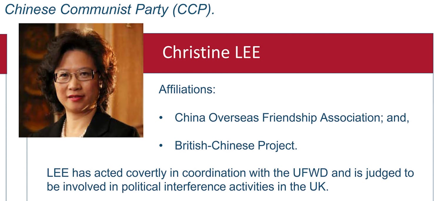 The advisory notice on lawyer Christine Lee from MI5, the U.K.’s domestic intelligence and security agency.