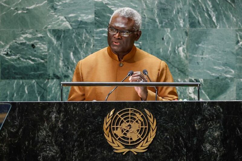 Solomon Islands Prime Minister Manasseh Sogavare addresses the 78th Session of the U.N. General Assembly, in New York, Sept. 22, 2023. Credit: Eduardo Munoz/Reuters