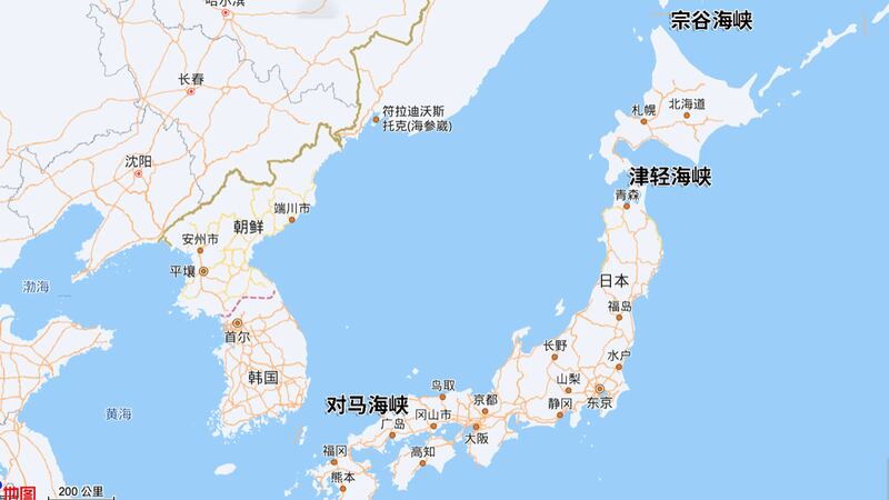 从日本海通往太平洋可经由三个水道，分别是最北面日俄之间的宗谷海峡、中间的津轻海峡，和南面日韩之间的对马海峡。(网络截图)