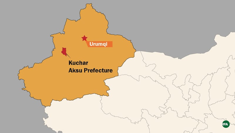 A map shows Kuchar county in Xinjiang's Aksu prefecture.