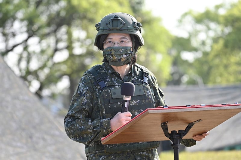 Taiwan President Tsai Ing-wen speaks while inspecting reservists training at a military base in Taoyuan, March 12, 2022. Credit: AFP