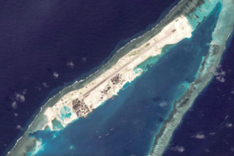 Vietnam has built an airstrip on Barque Canada Reef in South China Sea, seen Feb. 2, 2025. (Planet Labs)