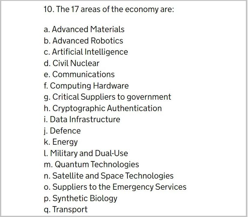 英国政府列出17个“敏感产业”，包括人工智能、民用核能、能源、量子科技，以及交通运输等，任何涉及上述产业的公司，在进行收购股权比率达25%或以上的交易，都将被审查。(英国政府官网截图)