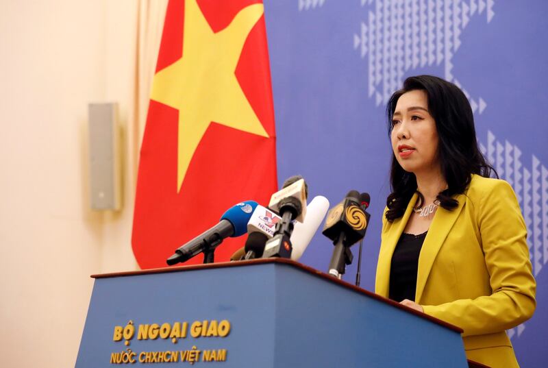 Vietnamese foreign ministry spokeswoman Le Thi Thu Hang speaks at a news conference in Hanoi, Vietnam July 25, 2019. Credit: Reuters.