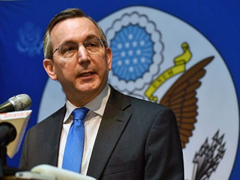 US Ambassador Scot Marciel delivers an address on Myanmar-US relations in Yangon, May 10, 2016.