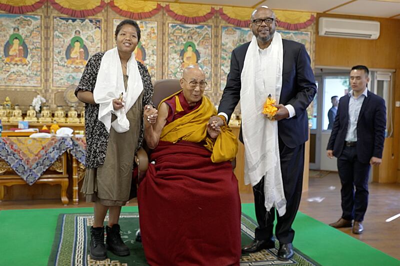 The Dalai Lama meets with actor Forest Whitaker and his daughter Sonnet Noel Whittaker in Dharamsala, India, Dec. 4, 2024.