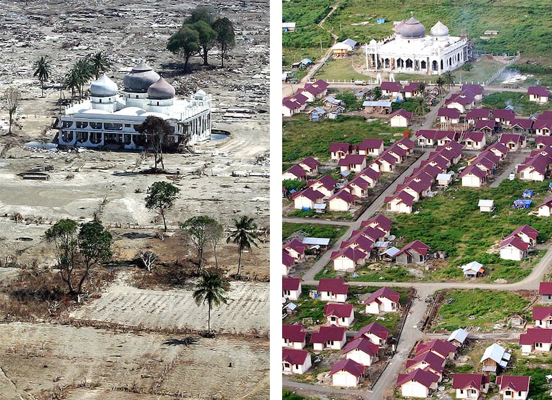 Left: Nearly everything around a mosque in Aceh province, Indonesia, was destroyed by the December 2004 tsunami, Jan. 15, 2005. Right: New houses surround it on Dec. 8, 2006.