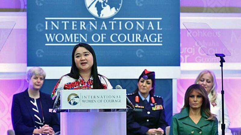 Myanmar activist Naw K'nyaw Paw speaks at the International Women of Courage awards ceremony at the U.S. State Department in Washington, D.C., March 7, 2019.